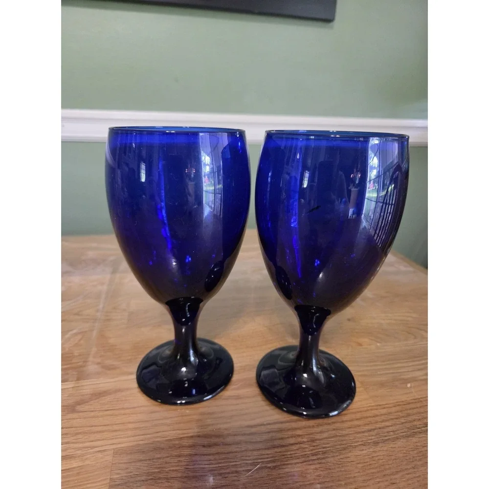 Vintage Libbey Cobalt Blue Water Wine Glasses Goblets Classic Set of 2